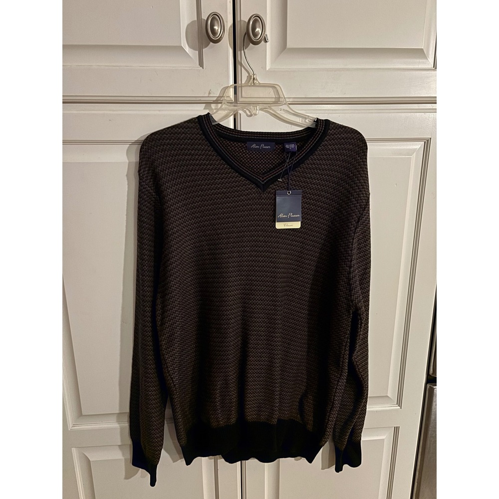 Alan Flusser Classic Mens V Neck Sweater Large Brown Orange Geometric Cotton